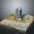 Detailed Windmill Model With Wooden Structure On Square Base And Grass Stones
