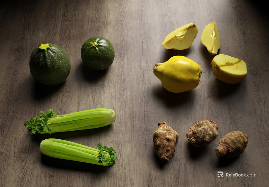 Fresh Organic Vegetables and Fruits Including Zucchini Celery Taro Apples and Pears on Wooden Table 3d model 