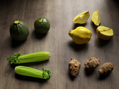 Fresh Organic Vegetables and Fruits Including Zucchini Celery Taro Apples and Pears on Wooden Table 3d model