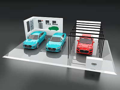 Audi Auto Show Display With Blue Red Cars And Exhibition Stand 3d model