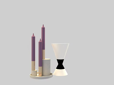 Elegant Candle Lamp With Three Purple Gold Candles And White Black Hourglass Design 3d model