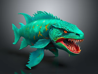 Fierce Teal Fish With Sharp Teeth Orange Spots And Prominent Fins 3d model
