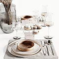 Elegant Dinnerware Set With Wooden Plates Glassware Floral Centerpiece Candle Holders And Silverware