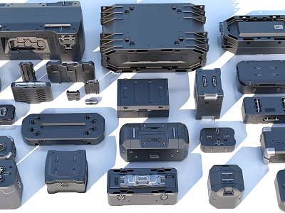 Rugged Black Device Enclosures And Tool Cases In Various Sizes And Designs 3d model