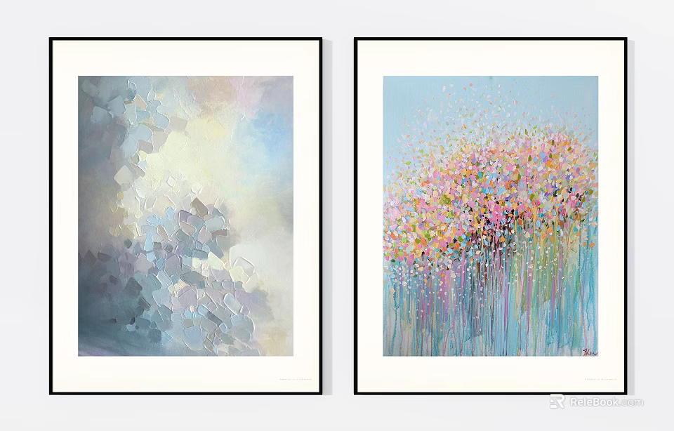 Two Abstract Paintings With Geometric Patterns And Colorful Floral Design For Wall Decor 3d model 