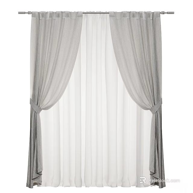 Gray Textured Curtains With Sheer Inner Layer And Tied Back Design 3d model