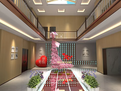 Spacious Two Story Restaurant Interior With Floral Decoration Skylight And Potted Plants 3d model