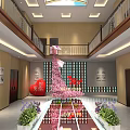 Spacious Two Story Restaurant Interior With Floral Decoration Skylight And Potted Plants
