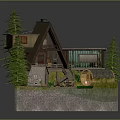 Cartoon Scene Featuring A frame Mountain Cabin Solar Panels Pine Trees Wooden Deck and Log Raft