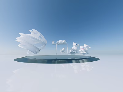 White Abstract Sculptures On Circular Reflective Platform With Blue Sky Background 3d model