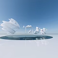 White Abstract Sculptures On Circular Reflective Platform With Blue Sky Background 3d model