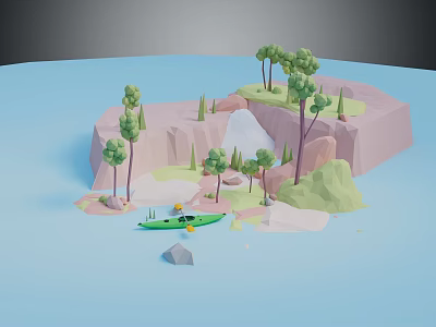 Low Poly Landscape With Trees Green Kayak Waterfall And Rocky Terrain 3d model