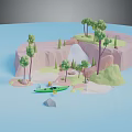 Low Poly Landscape With Trees Green Kayak Waterfall And Rocky Terrain