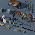 Industrial Workshop Equipment With Metal Shelves Workbench Ladder Wooden Crates And Cables