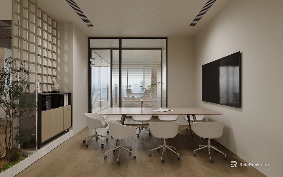 Elegant Bright Modern Meeting Room With Wooden Table White Rolling Chairs And Large Wall 3d model 