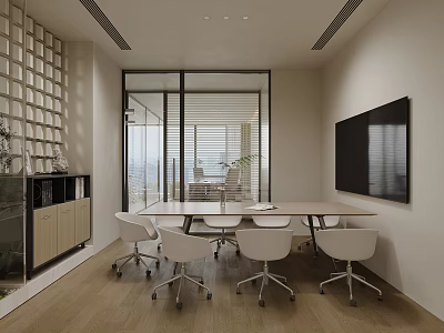 Elegant Bright Modern Meeting Room With Wooden Table White Rolling Chairs And Large Wall 3d model