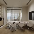 Elegant Bright Modern Meeting Room With Wooden Table White Rolling Chairs And Large Wall