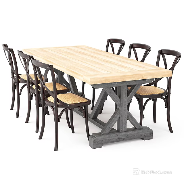 Rustic Dining Table Set With Wooden Top Crossed Dark Legs And Wicker Chairs 3d model 