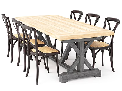 Rustic Dining Table Set With Wooden Top Crossed Dark Legs And Wicker Chairs 3d model