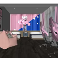 Modern Elegant Hotel Room With Pink Gaming Chairs Sofa Pink Curtains Artwork And Wooden Flooring