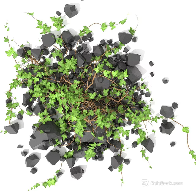 Lush Green Vines Twisted Among Black Cubes With Fresh Growing Leaves 3d model 