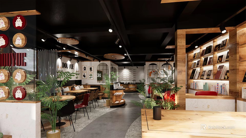 Modern Café Interior Design With Wooden Furniture Green Plants And Open Layout Decor 3d model 