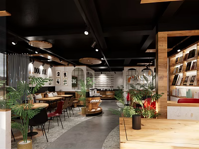 Modern Café Interior Design With Wooden Furniture Green Plants And Open Layout Decor 3d model