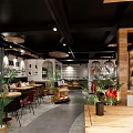 Modern Café Interior Design With Wooden Furniture Green Plants And Open Layout Decor