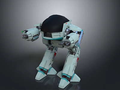 White and Blue Robot Character Design with Black Dome Head and Mechanical Arms 3d model