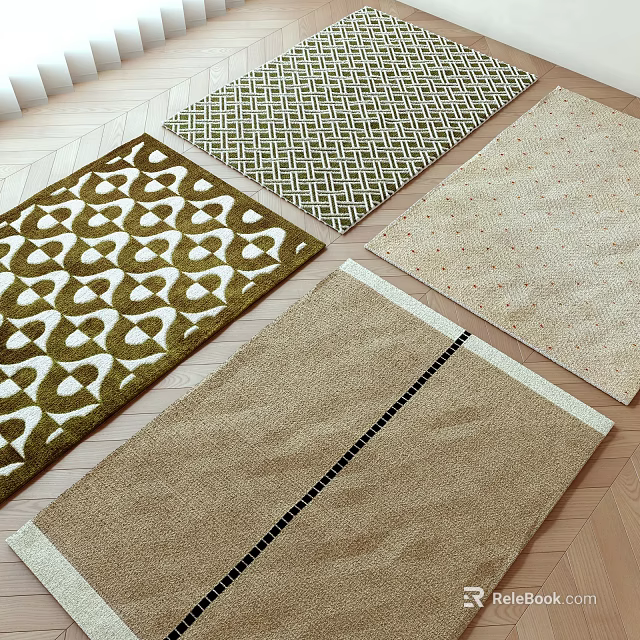 Square Rugs In Various Patterns And Colors On Wooden Floor 3d model 