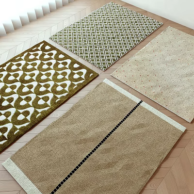 Square Rugs In Various Patterns And Colors On Wooden Floor 3d model