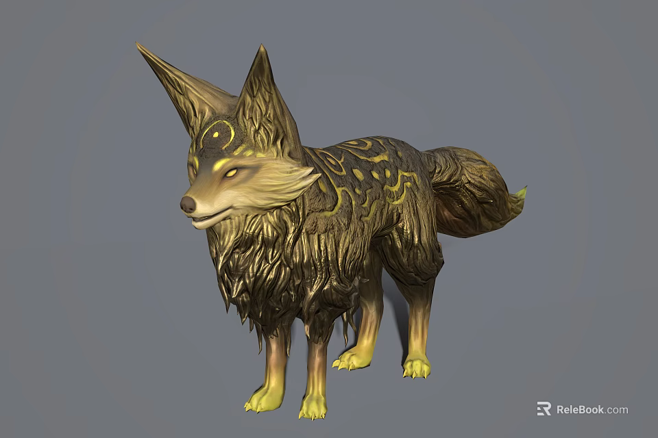 Enchanted Fantasy Fox Character With Golden Decorative Patterns Fluffy Fur And Luminous Eyes 3d model 