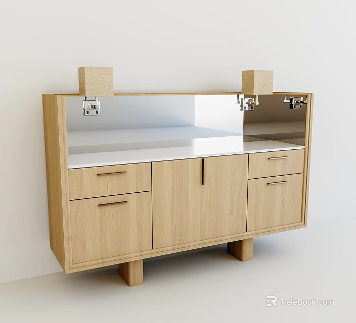 Modern Oak Entryway Cabinet Sideboard With Drawers And Silver Countertop 3d model 