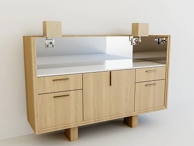 Modern Oak Entryway Cabinet Sideboard With Drawers And Silver Countertop 3d model