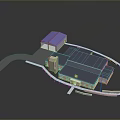 3D Architectural Model of Building With Blue Roof Purple Canopy and Surrounding Pathway
