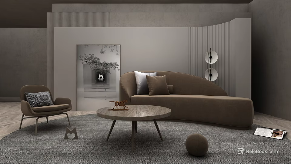 Cozy Leisure Area Interior Design With Brown Sofa Round Coffee Table And Decorative Lamps 3d model 