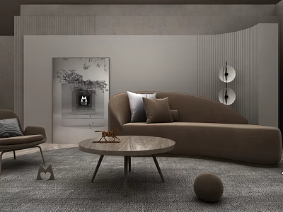 Cozy Leisure Area Interior Design With Brown Sofa Round Coffee Table And Decorative Lamps 3d model