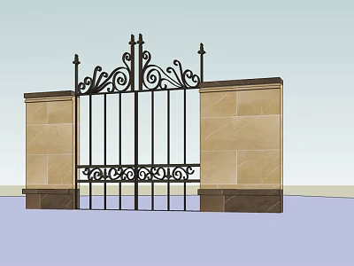 Ornate Wrought Iron Entrance Gate Flanked by Stone Pillars with Classic Design 3d model