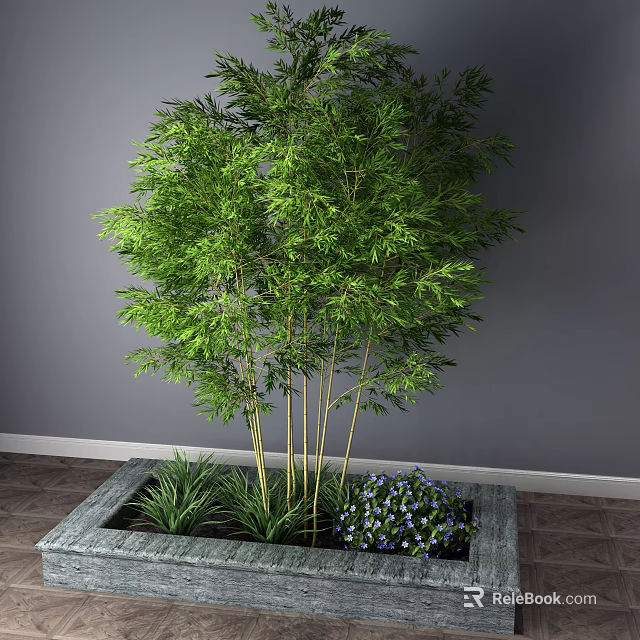 Green Bamboo Plant with Multiple Stems in Square Planter and Small Plants Indoors 3d model 