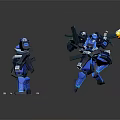 Game And Movie Robot Characters In Blue Metallic Design With Weapons And Black Bases