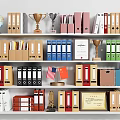 Organized Office Folders On Shelf With Trophies Globe Flags And Certificates