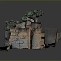 Natural Rock Scenery Structure With Green Foliage Covered Surfaces And Stone Slab Floor