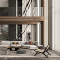 Modern Living and Dining Room Interior Design With Sofa Dining Table Art and Pendant Lights