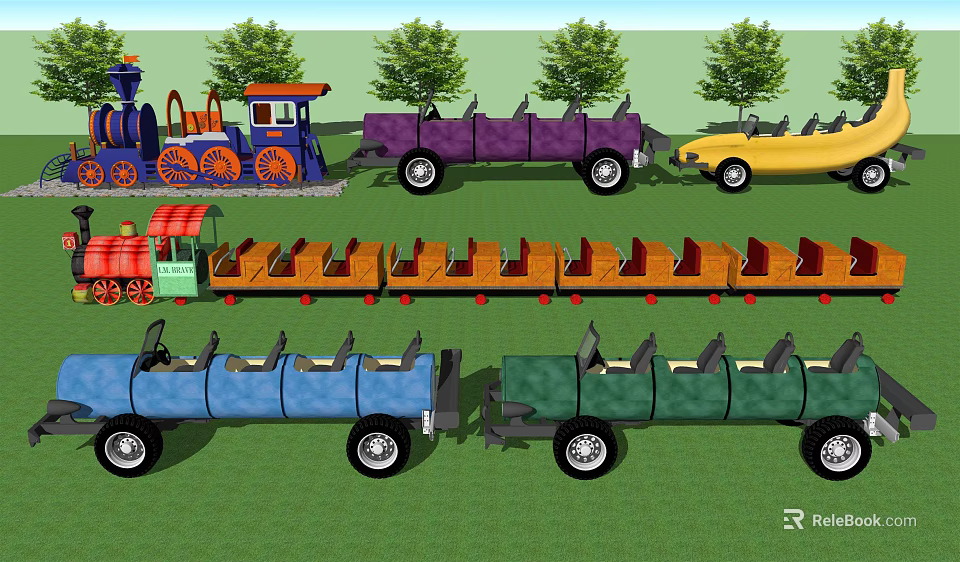 Colorful Fun Vehicles In Amusement Park Scene 3d model 