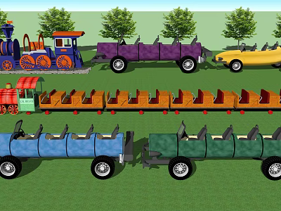 Colorful Fun Vehicles In Amusement Park Scene 3d model