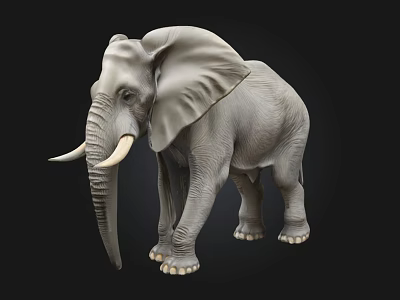 3D Rendered Elephant Model With Gray Skin And White Tusks Standing On Black Background 3d model