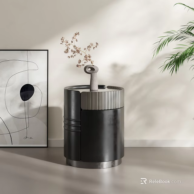 Modern Minimalist Black Side Table With Gray Vase Dried Flowers Abstract Art And Green Plant 3d model 