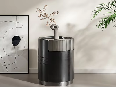 Modern Minimalist Black Side Table With Gray Vase Dried Flowers Abstract Art And Green Plant 3d model
