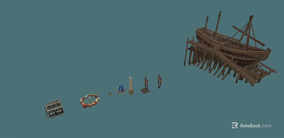 Cartoon Scene With Wooden Structure Small Decorations Flags And Stone Objects 3d model 