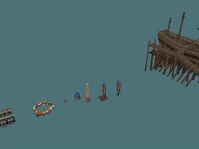 Cartoon Scene With Wooden Structure Small Decorations Flags And Stone Objects 3d model
